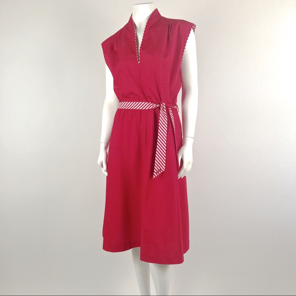 Vintage Sasson Red and White Striped V Neck Midi Dress